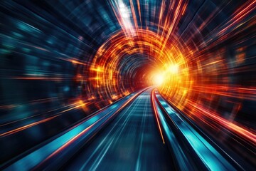 Fototapete - A mesmerizing tunnel of light with vibrant colors, creating a sense of speed and motion through a dynamic digital landscape.