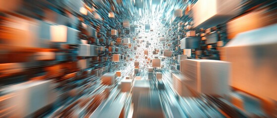 Poster - Abstract representation of digital space with glowing cubes creating a dynamic flow, symbolizing technology and innovation.