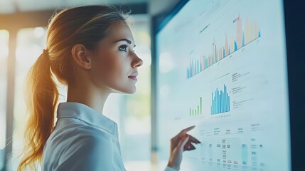 Poster - Businesswoman Analyzing Data on a Large Interactive Screen