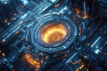 Poster - Futuristic technology featuring a glowing circular portal surrounded by intricate digital structures and vivid neon lights.