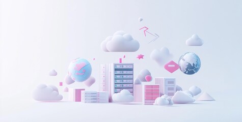 Poster - A digital illustration of abstract buildings and clouds representing technology and global connectivity.