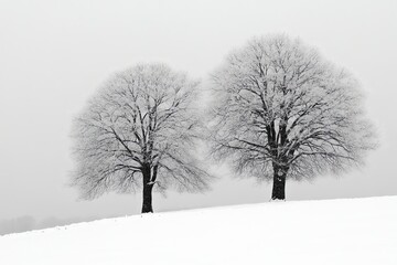 Two bare trees in a snowy field with a grey sky.