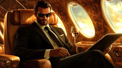 Canvas Print - A man in a suit relaxes in a luxurious private jet, enjoying a drink and reading a menu.