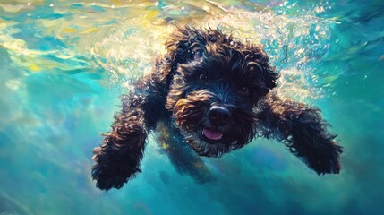 Poster - A playful dog swimming underwater, showcasing joy and energy in a vibrant aquatic scene.