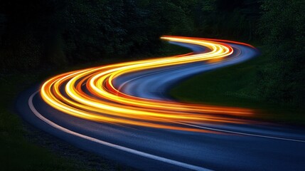 Curving road with light trails at night in forest, dynamic motion and speed concept