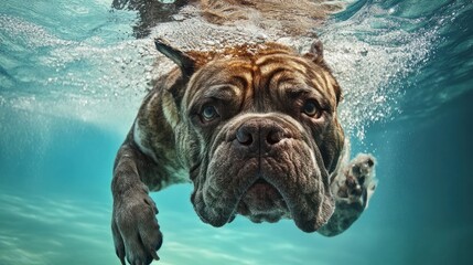 Canvas Print - A dog swimming underwater, showcasing its determination and agility in a vibrant blue setting.