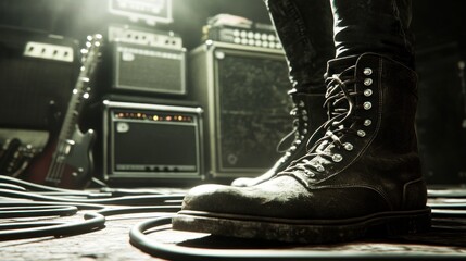 Poster - A close-up of worn boots on stage with amplifiers and guitar cables in a music setting.