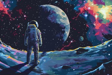 Wall Mural - A colorful painting of a man in a spacesuit sitting on a planet, generative ai image