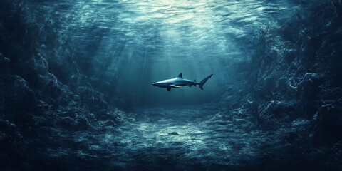 Wall Mural - a lone shark swims through a dark, underwater canyon, illuminated by a shaft of sunlight.