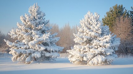 Poster - Two snow-covered pine trees stand tall against a bright blue sky.