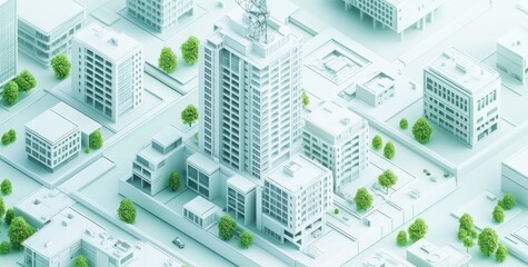 Sticker - A stylized urban landscape featuring modern buildings and greenery.