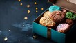© Gradual Growth - Decorated cookies in a gift box with stars in the background.