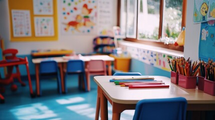 Sticker - A colorful classroom with desks, chairs, and art supplies, designed for children's learning.