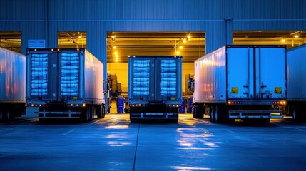 Wall Mural - Trucks parked in a warehouse loading area, illuminated by warm lights.