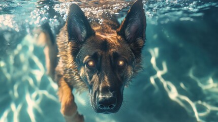 Sticker - A German Shepherd swimming underwater, showcasing its determination and grace.