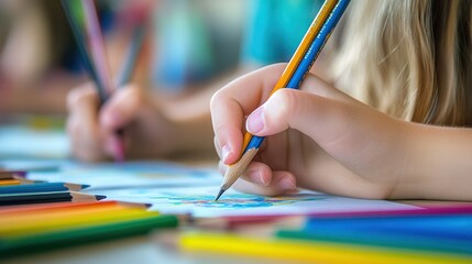 Wall Mural - A close-up of children drawing with colored pencils, showcasing creativity and artistic expression.