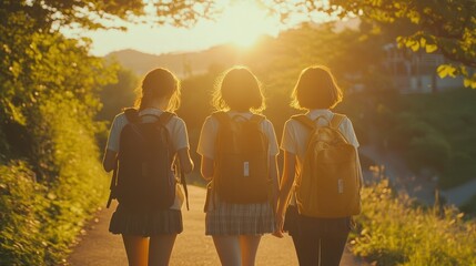 Sticker - Three students walking hand-in-hand at sunset, backpacks on, surrounded by nature.