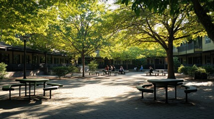 Poster - A serene outdoor space with trees and benches, ideal for relaxation and socializing.