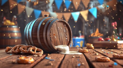 Wall Mural - A wooden barrel spills frothy beer alongside pretzels, set in a festive atmosphere.