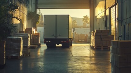 Wall Mural - A delivery truck is parked in a warehouse, surrounded by stacked boxes and pallets.