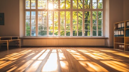 Sticker - A sunlit room with large windows casting shadows on the wooden floor.