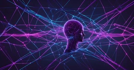 abstract representation of artificial intelligence, with neural network patterns glowing in neon blues and purples