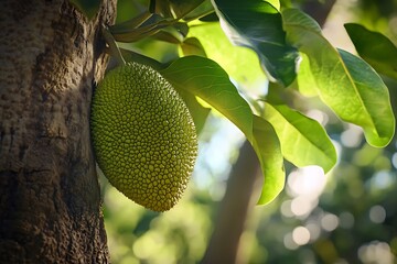 Jackfruit fruit tree with ripe and green leaves in sunlight.