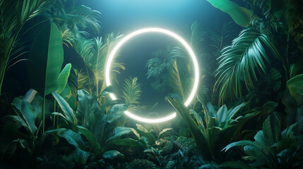 Wall Mural - Tropical Plants Illuminated with White Fluorescent Light. Jungle Environment with Circle shaped Neon Frame.
