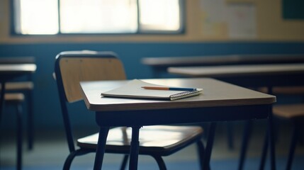 Poster - A classroom setting with a desk, notebook, and pen, emphasizing study and learning.