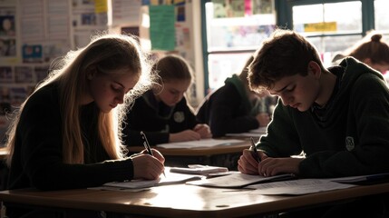 Sticker - Students focused on their work in a classroom setting with soft lighting.