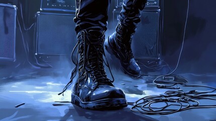 Sticker - A close-up of black boots on stage with cables, evoking a rock music atmosphere.