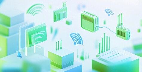 Abstract illustration of technology with wireless signals and data structures.