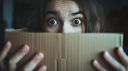 Wall Mural - A surprised person peeks from behind a cardboard box, conveying curiosity and excitement.