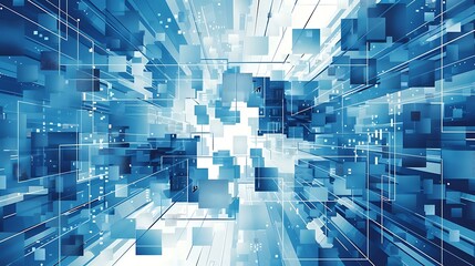 Fototapete - Abstract blue background with cubes and lines, Computer digital drawing