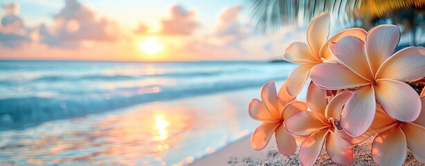 tropical summer relax pastel background Plumeria flowers by the tranquil beach at sunset