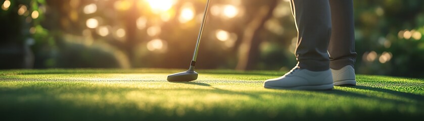 Golfer swings on a sunny green course.