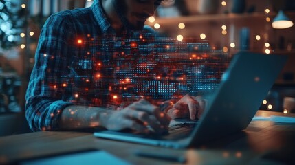 Poster - A person working on a laptop with a digital overlay representing data and technology.