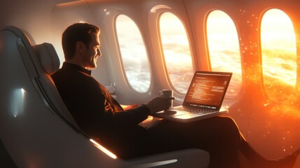 Sticker - A man working on a laptop while enjoying a beverage on an airplane, with a sunset view.