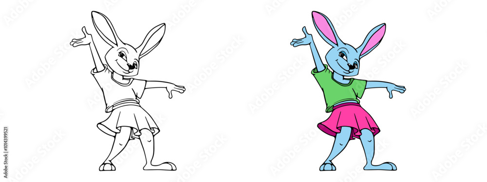 Funny Dancing bunny coloring page for kids and children. Cute cartoon ...