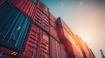 Canvas Print - Stacked shipping containers against a sunset sky, showcasing industrial transport.