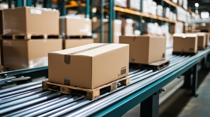 Poster - A conveyor belt transporting cardboard boxes in a warehouse setting.