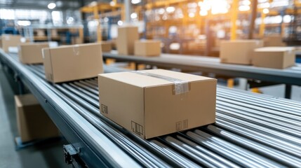 Poster - A conveyor belt with cardboard boxes in a warehouse setting, illustrating logistics and distribution.