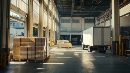 Poster - A warehouse interior with stacked boxes and a truck, indicating shipping and logistics activity.