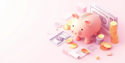 Poster - A pink piggy bank surrounded by coins and dollar bills on a soft pink background.