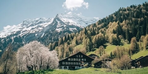 Sticker - Idyllic mountain scenery in the Alps with blooming meadows in springtime  