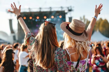 Two women wearing hats are sitting in a crowd at a concert, generative ai image