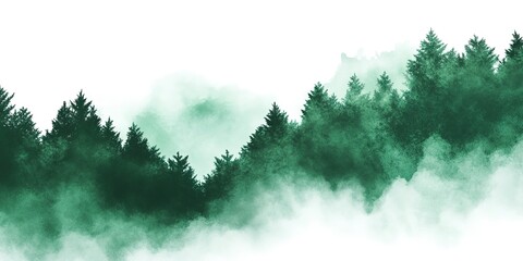 Poster - Green landscape of foggy forest, winter hill. Wild nature, frozen, misty, taiga. watercolor background  