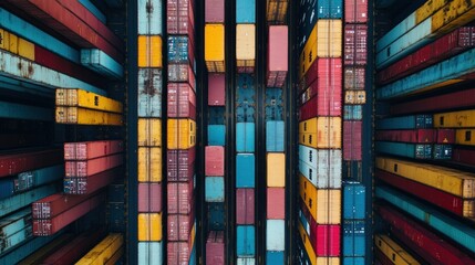 Sticker - Aerial view of colorful shipping containers stacked in a port for cargo transport.