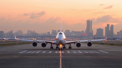 Airplane on runway at sunset, city skyline in background, travel and transportation concept.