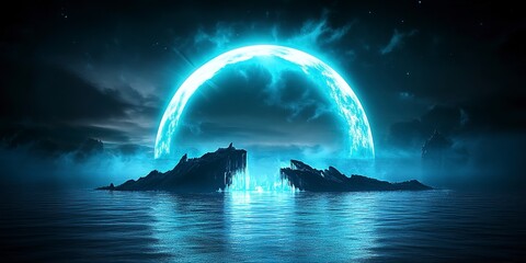 Wall Mural - futuristic night landscape with abstract landscape and island, moonlight, shine. dark natural scene 